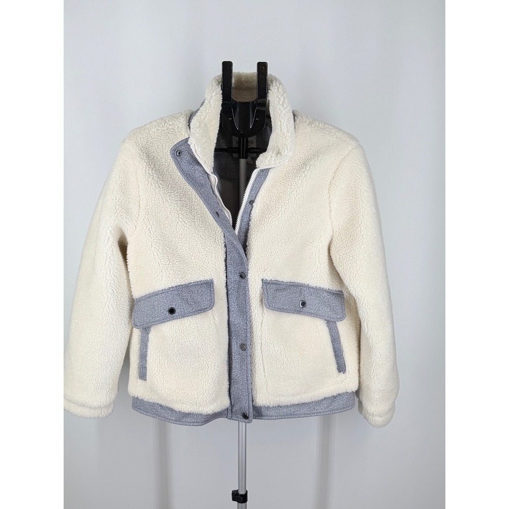 Modern Supply by Sanctuary Womens Cream Sherpa Faux Shearling Jacket Grey Trim S